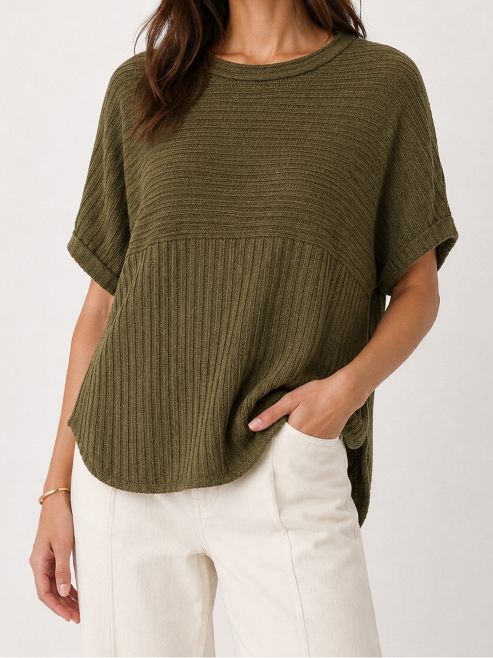 Max Studio Ribbed Short Sleeve Sweater Knit Top Olive Green Loose Fit Medium